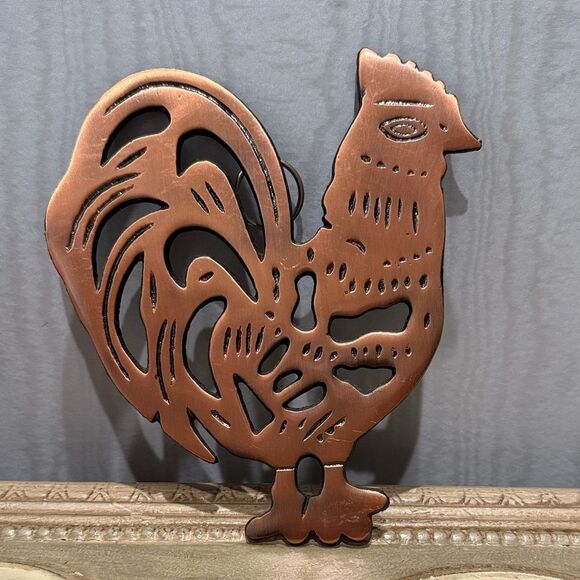 Vintage ODI 1995 Cast Iron Copper Rooster Trivet Wall Han Country Farmhouse - Picture 2 of 10